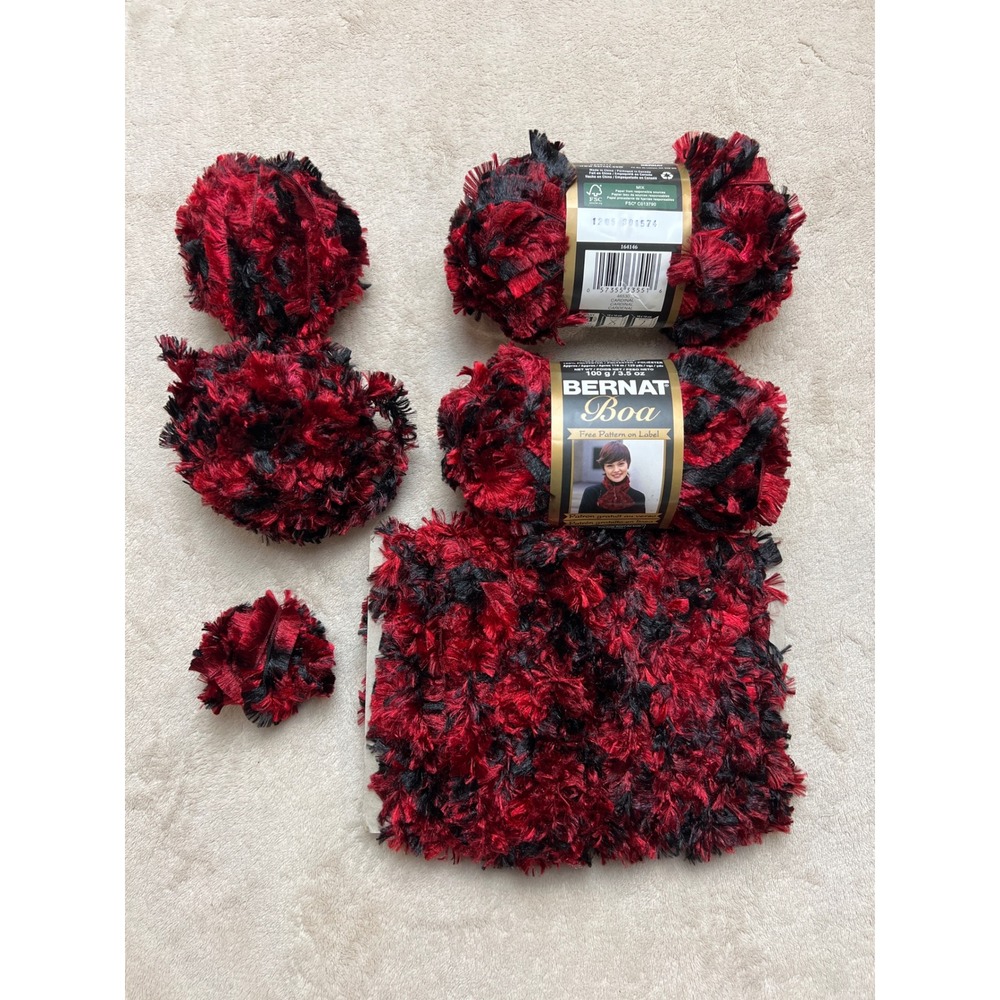 Bernat Boa Yarn 2 New Skeins Plus Lot Cardinal 46530 Red Black Eyelash 500 Gram
